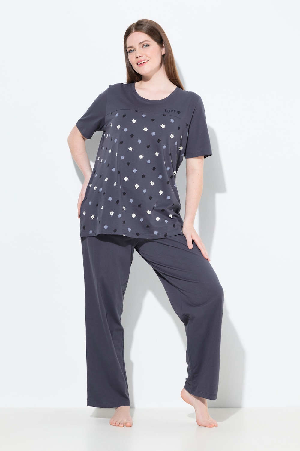 Pyjama, Blüten, Stickerei, Rundhals, Halbarm