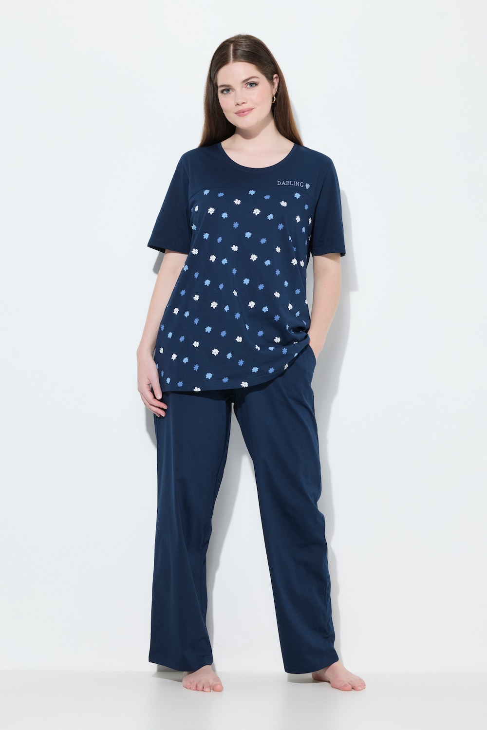 Pyjama, Blüten, Stickerei, Rundhals, Halbarm