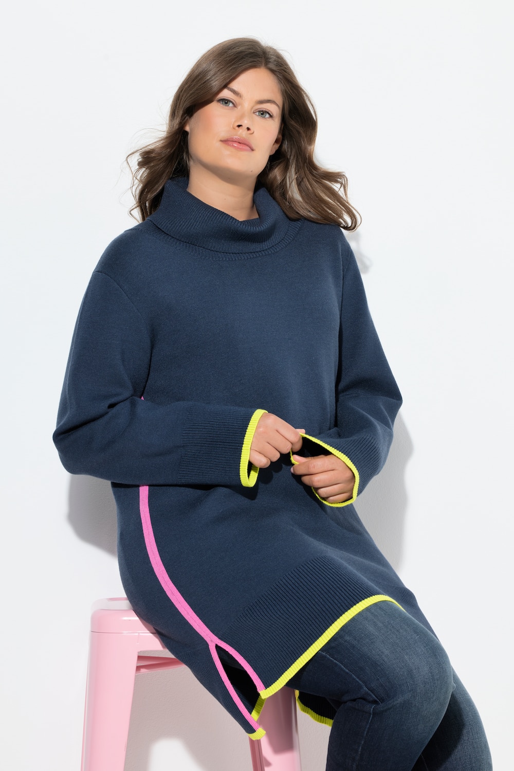 Longstrickpullover, Langarm, Rollkragen