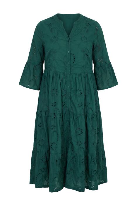 Maxi šaty, děrovaná výšivka, volány, 3/4 rukávy