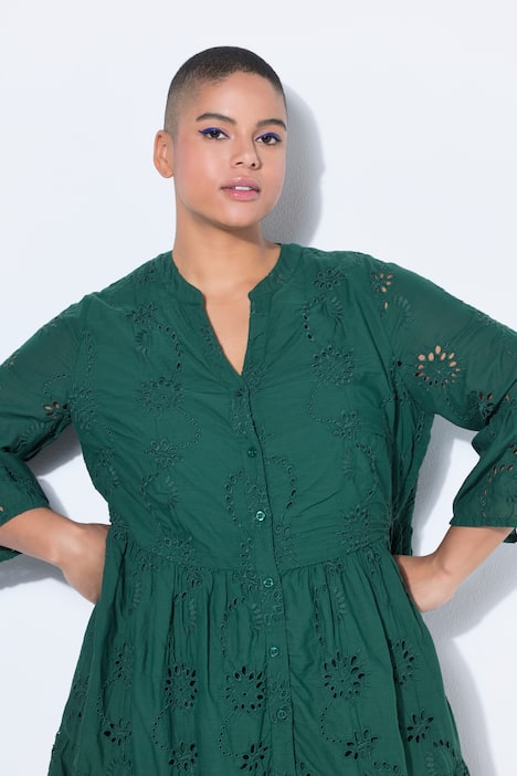 Maxikleid, Lochstickerei, Volants, 3/4-Ärmel