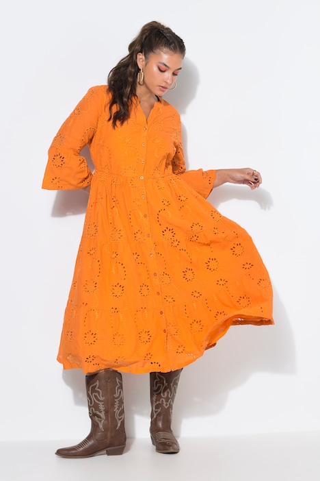 Midikleid, Lochstickerei, Volants, 3/4-Ärmel