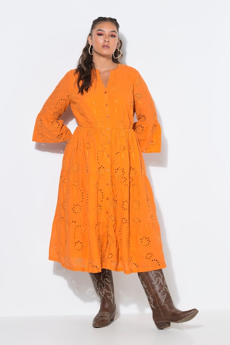 Midikleid, Lochstickerei, Volants, 3/4-Ärmel