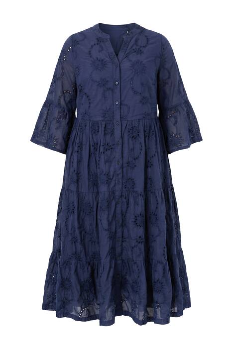 Maxi šaty, děrovaná výšivka, volány, 3/4 rukávy