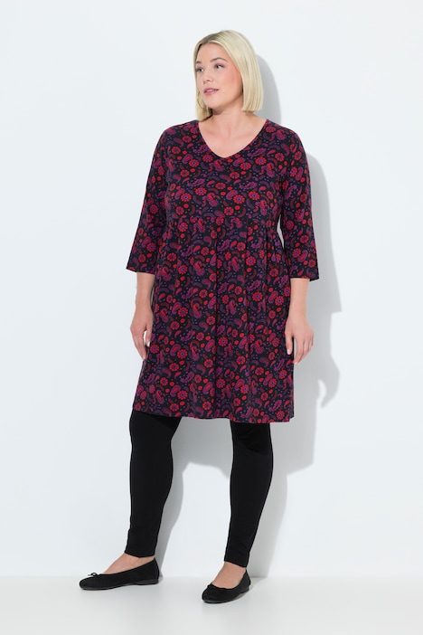 Jersey jurk, A-lijn, V-hals, 3/4-mouwen