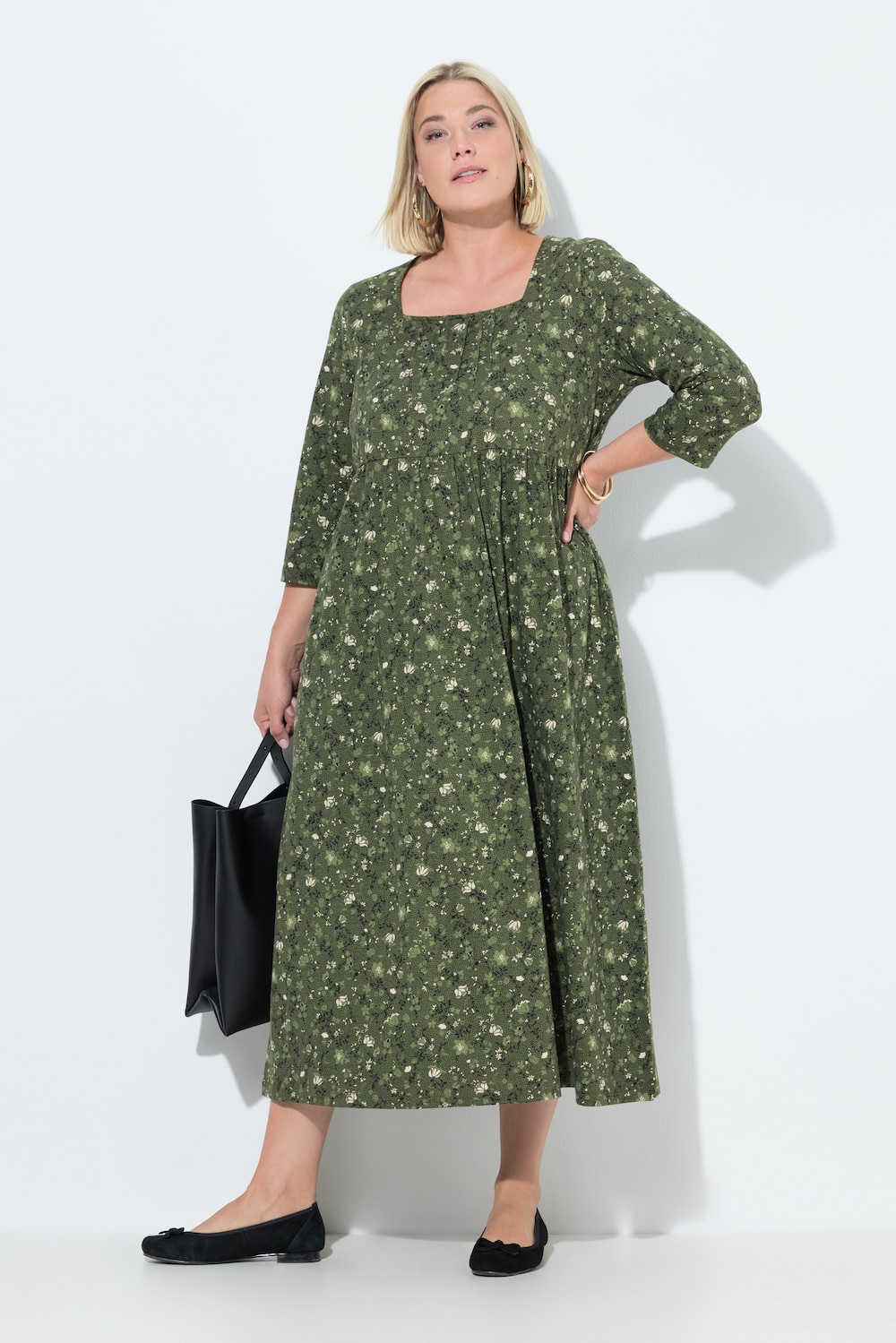 Jersey-Maxikleid, Blüten, A-Linie, Carré-Ausschnitt, 3/4-Arm