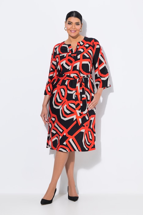 Kleid, grafischer Druck, Tunika-Ausschnitt, 3/4-Arm