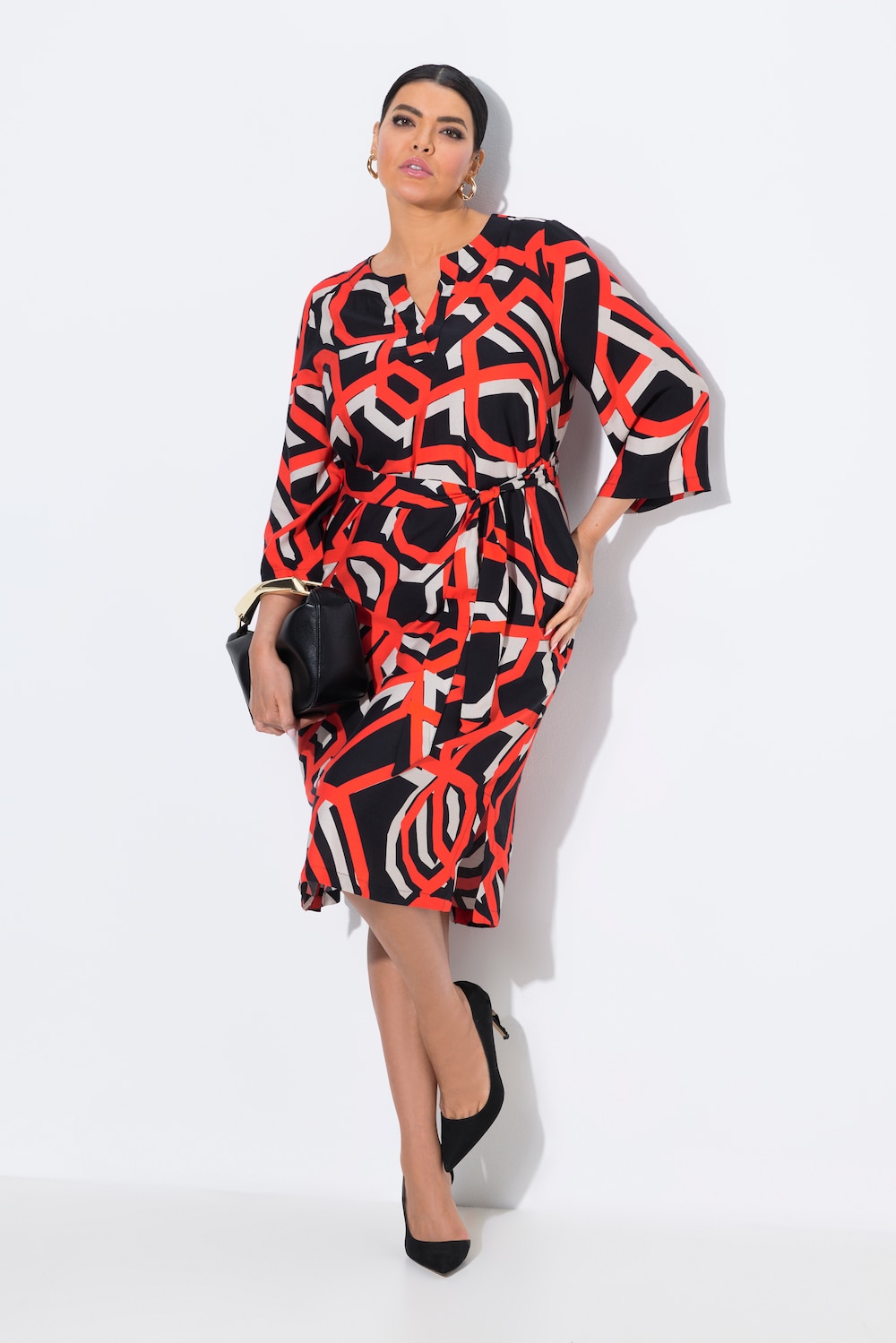 Jurk, grafische print, tuniekhals, 3/4-mouwen