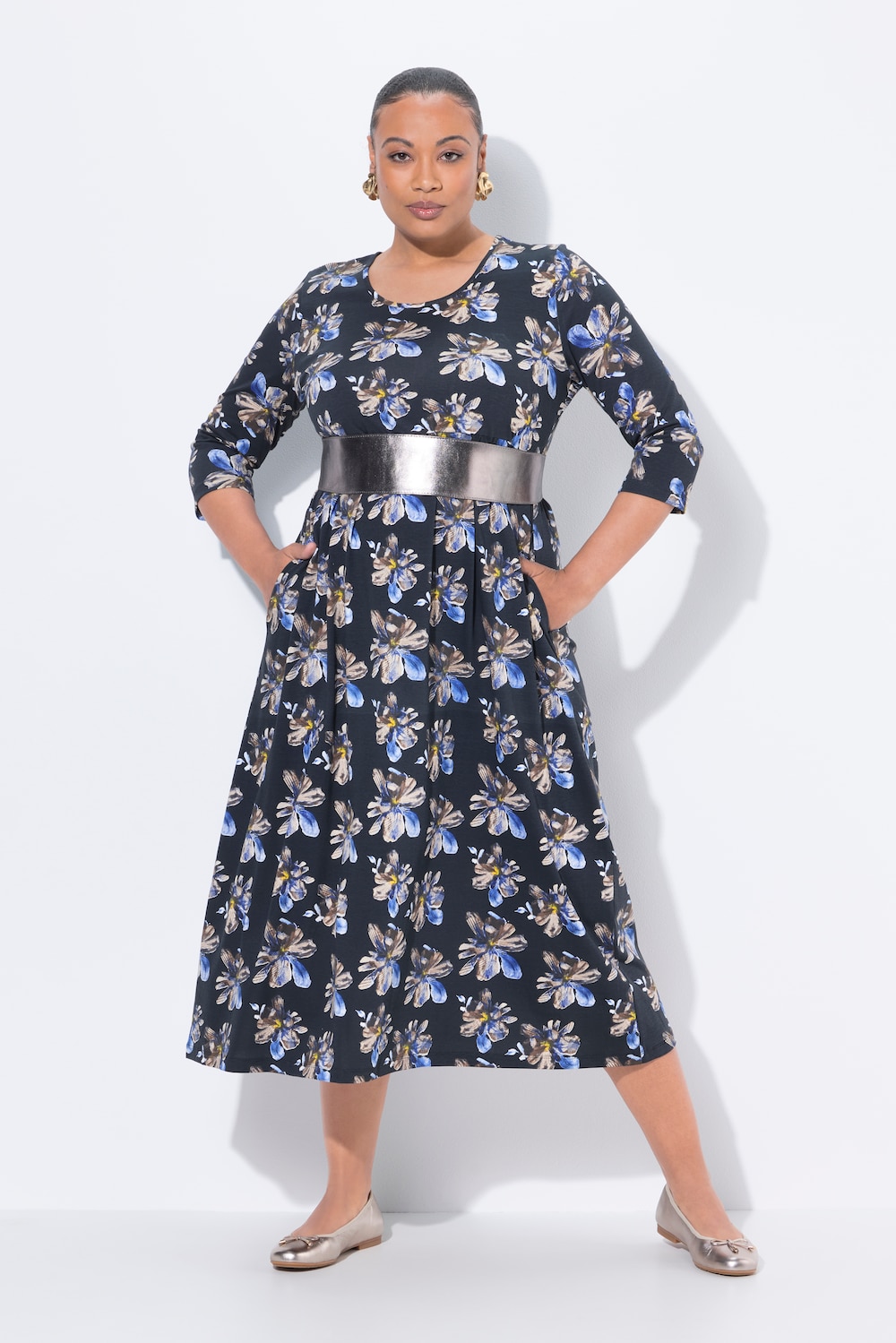 Maxi-jurk, bloemen, ronde hals, 3/4-mouwen, zakken