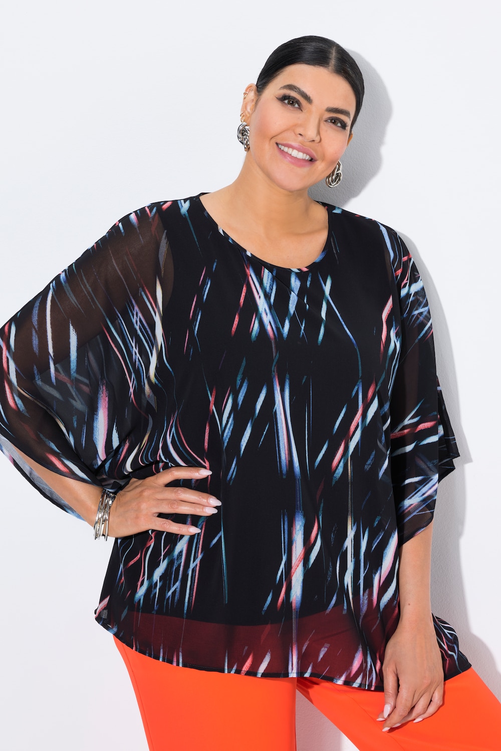 Chiffon-Tunika, Streifen, Oversized, Rundhals, 3/4-Arm