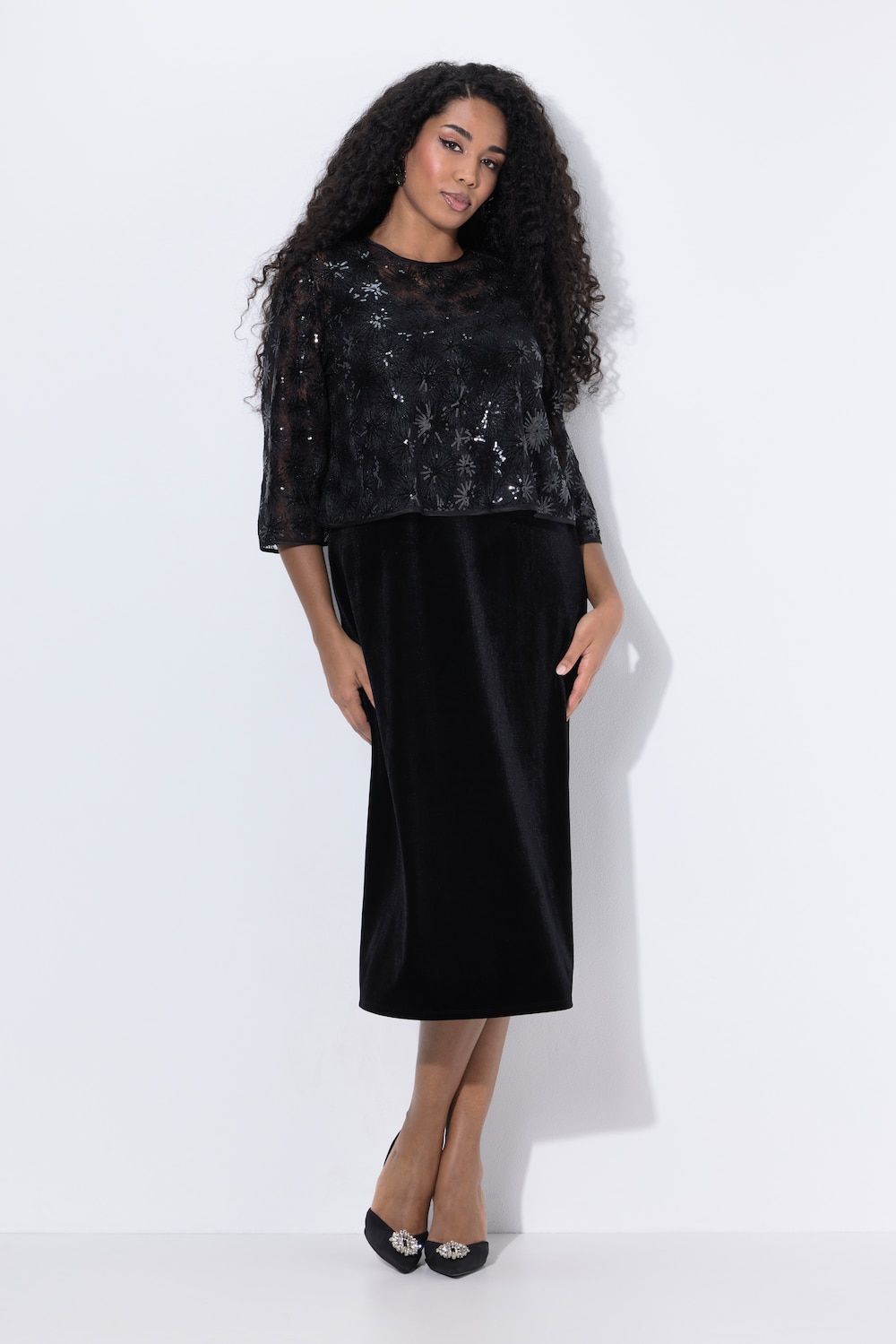 Thumbnail - Große Größen Cocktail-Midikleid, Damen, schwarz, Größe: 46/48, Polyester, Ulla Popken