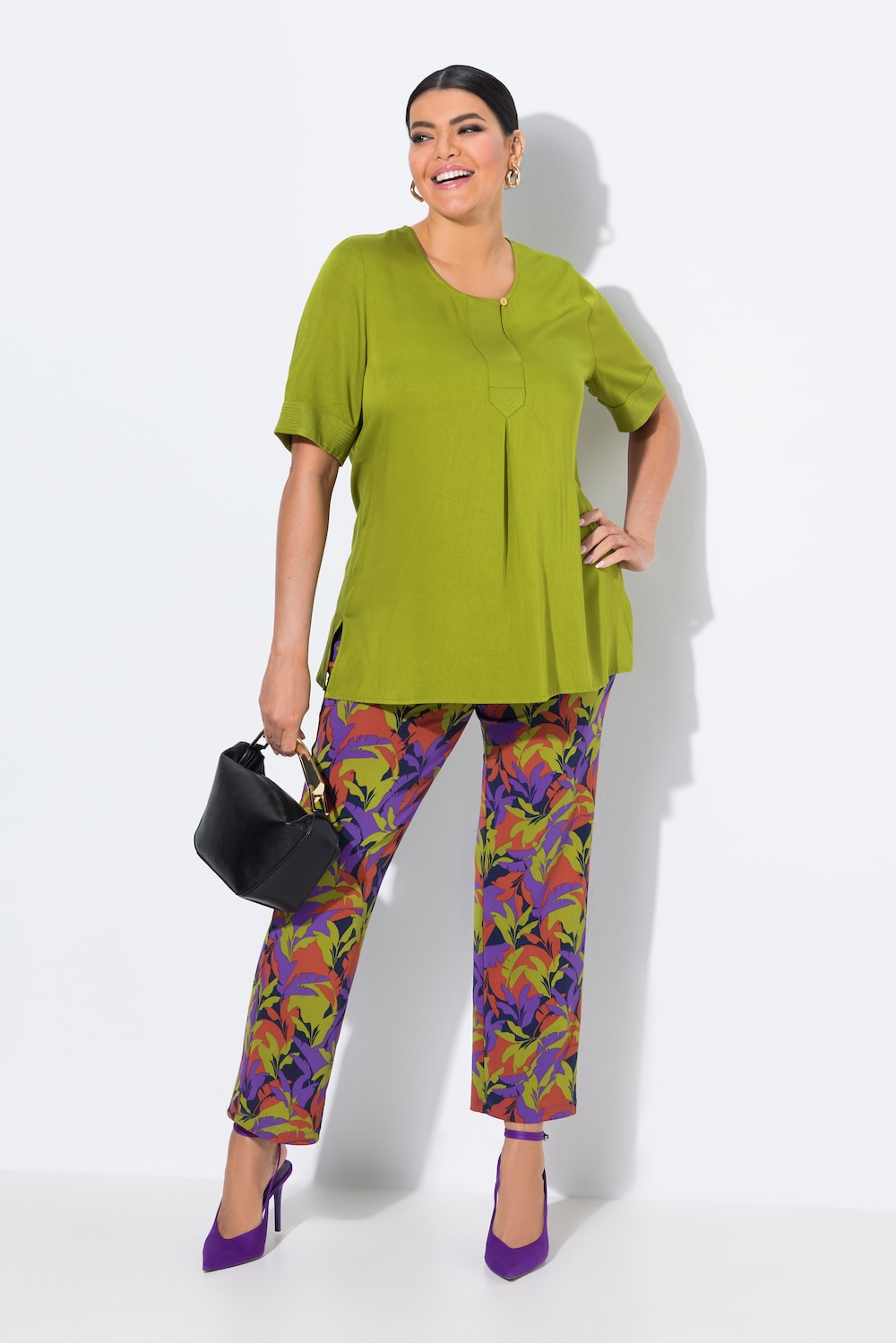 Jersey broek Sienna, bladeren, smalle pijpen, elastische tailleband
