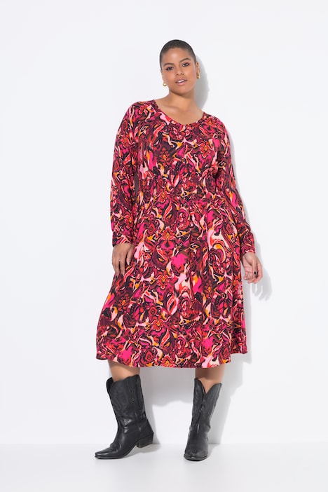 Midikleid, A-Linie, Alloverprint, Raglan-Langarm