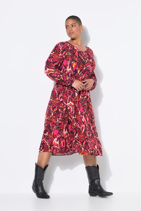 Midikleid, A-Linie, Alloverprint, Raglan-Langarm
