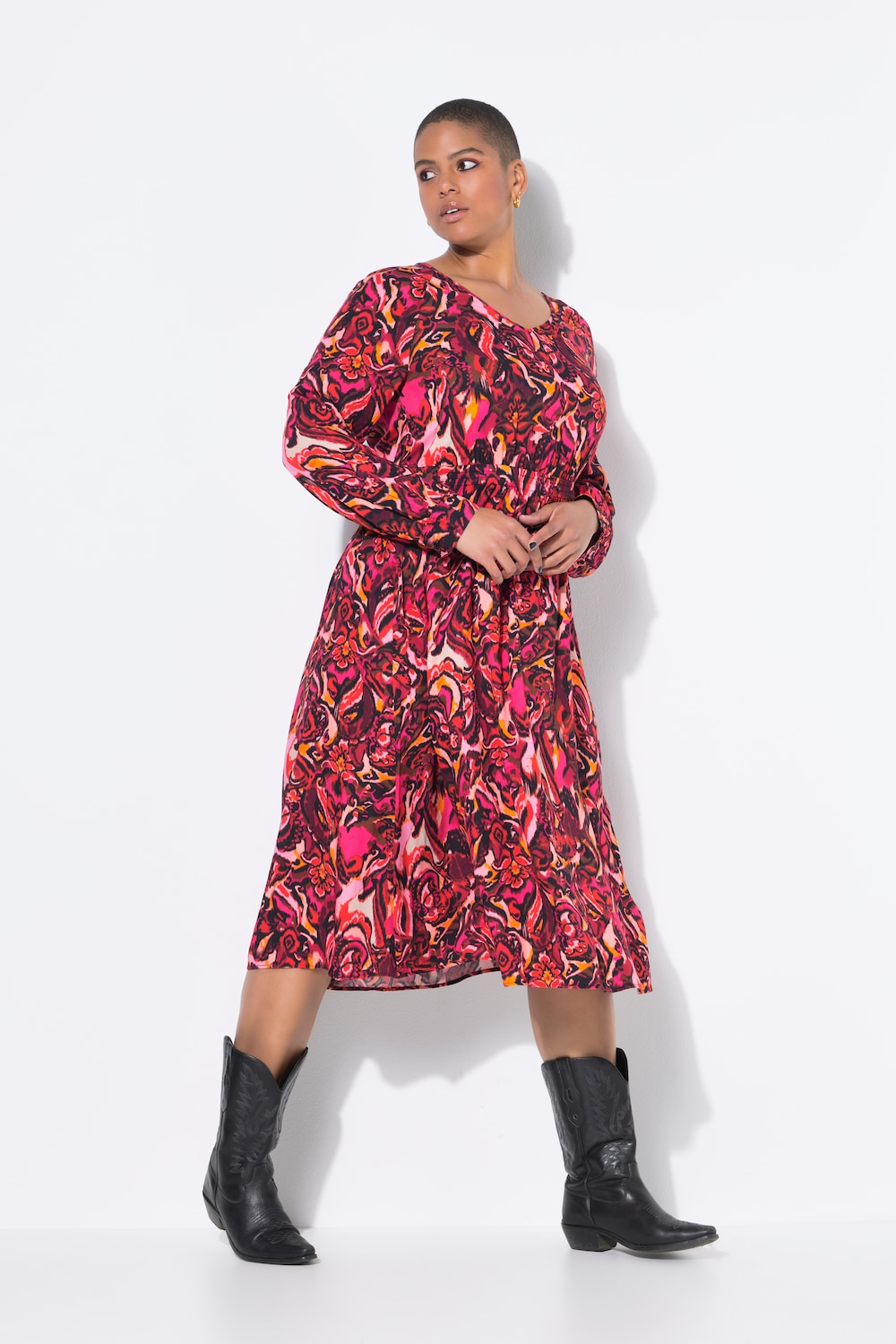 Midi-jurk, A-lijn, all-over print, lange raglanmouwen