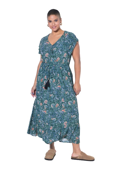 Maxi šaty, A střih, vázací stuha, kašmírový potisk