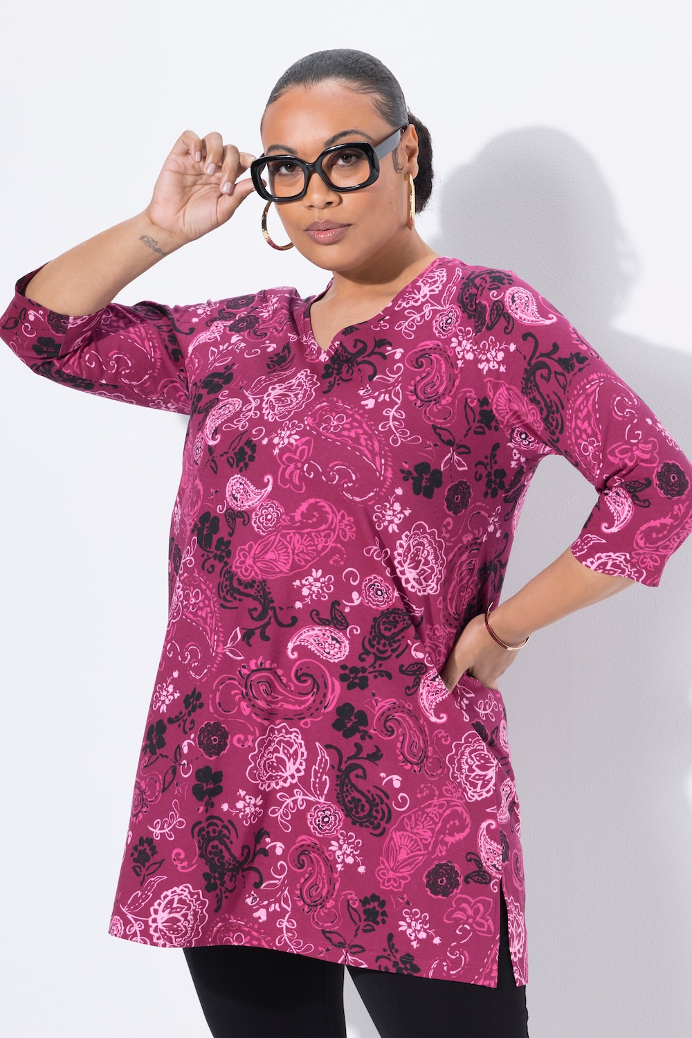 Longshirt, A-lijn, V-hals, 3/4-mouwen