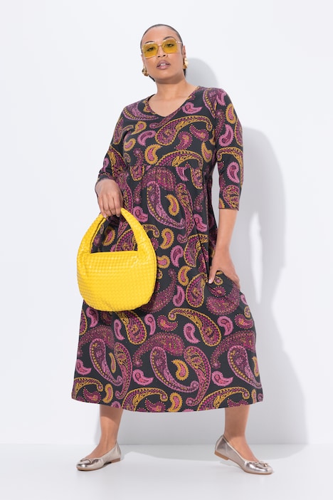 Jersey-Maxikleid, A-Linie, V-Ausschnitt, 3/4-Arm