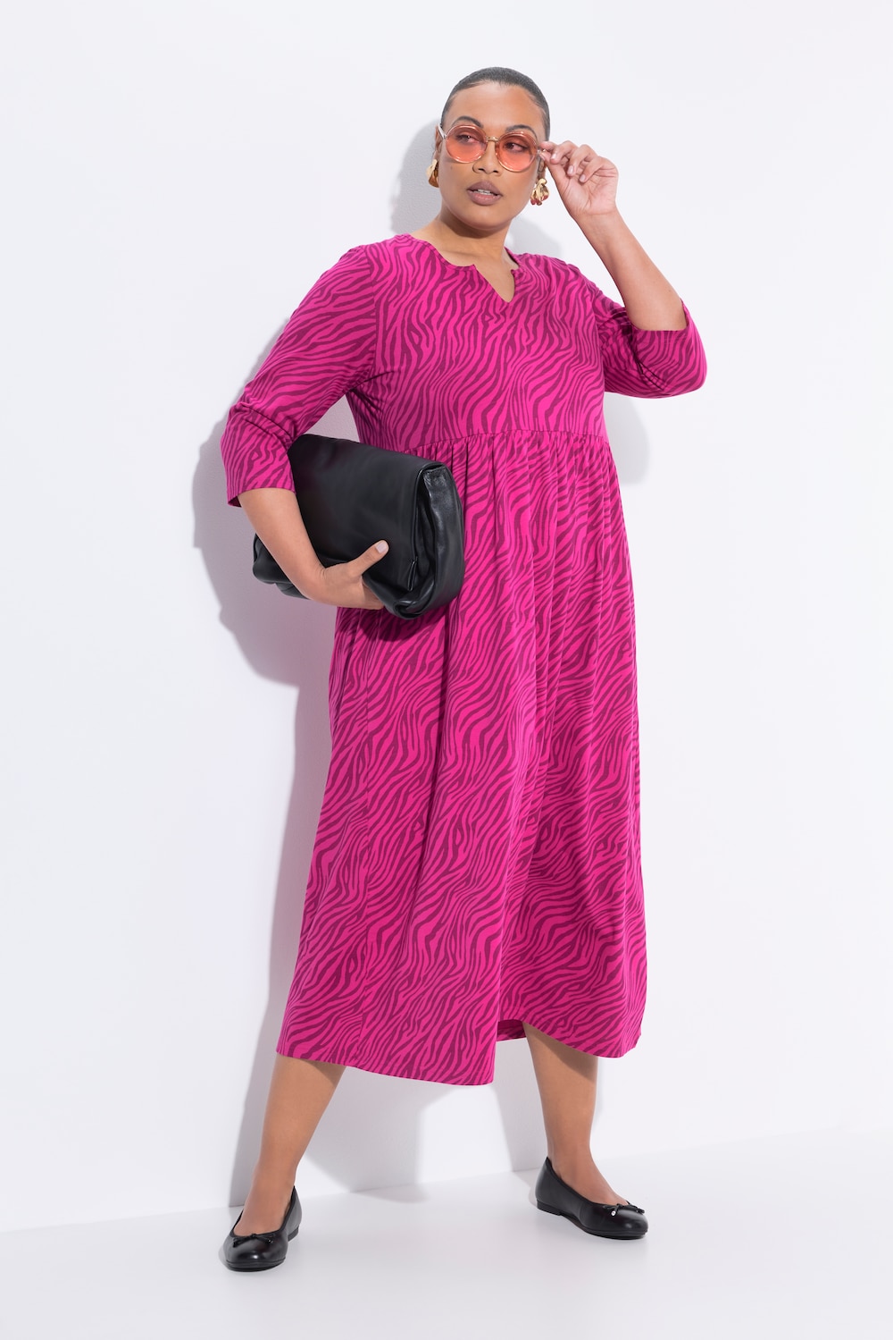 Jersey maxi-jurk, A-lijn, tuniekhals, 3/4-mouwen