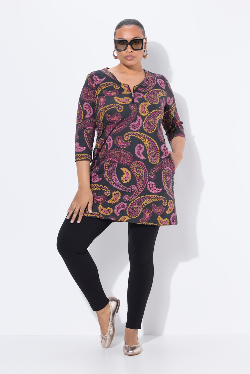 Longshirt, paisley, A-lijn, V-hals, 3/4-mouwen