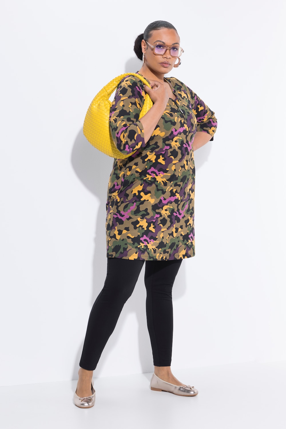 Longshirt, Zipper, A-Linie, V-Ausschnitt, 3/4-Arm
