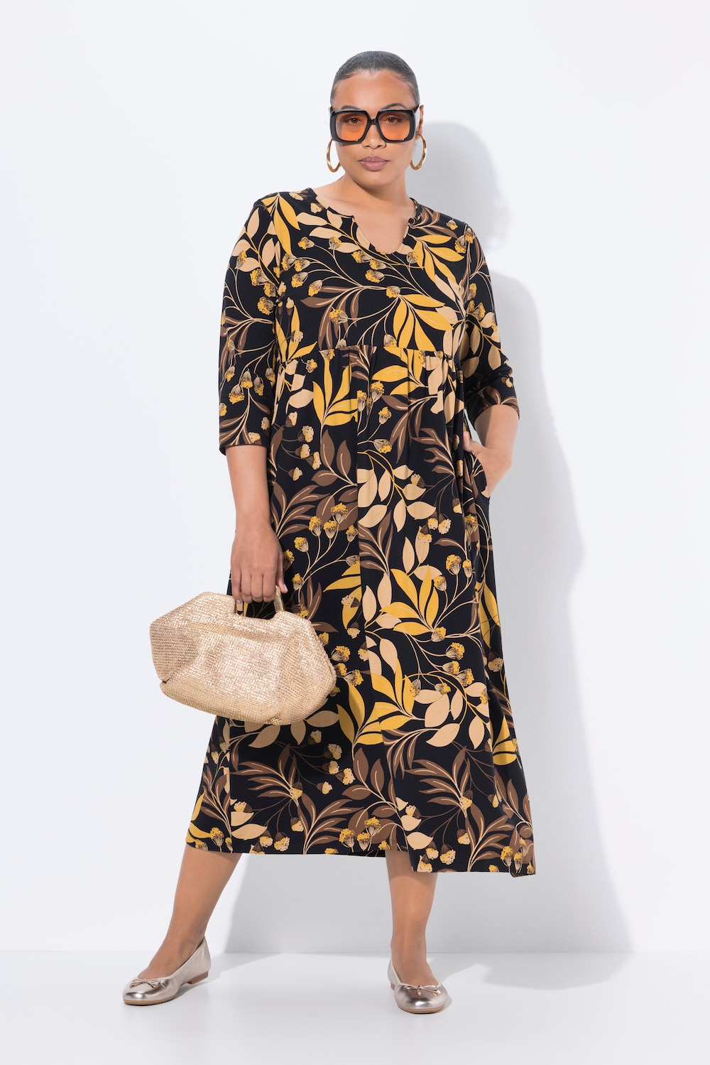 Jersey maxi-jurk, A-lijn, tuniekhals, 3/4-mouwen