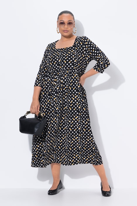 Maxikleid, Punkte, A-Linie, Carree-Ausschnitt, 3/4-Arm