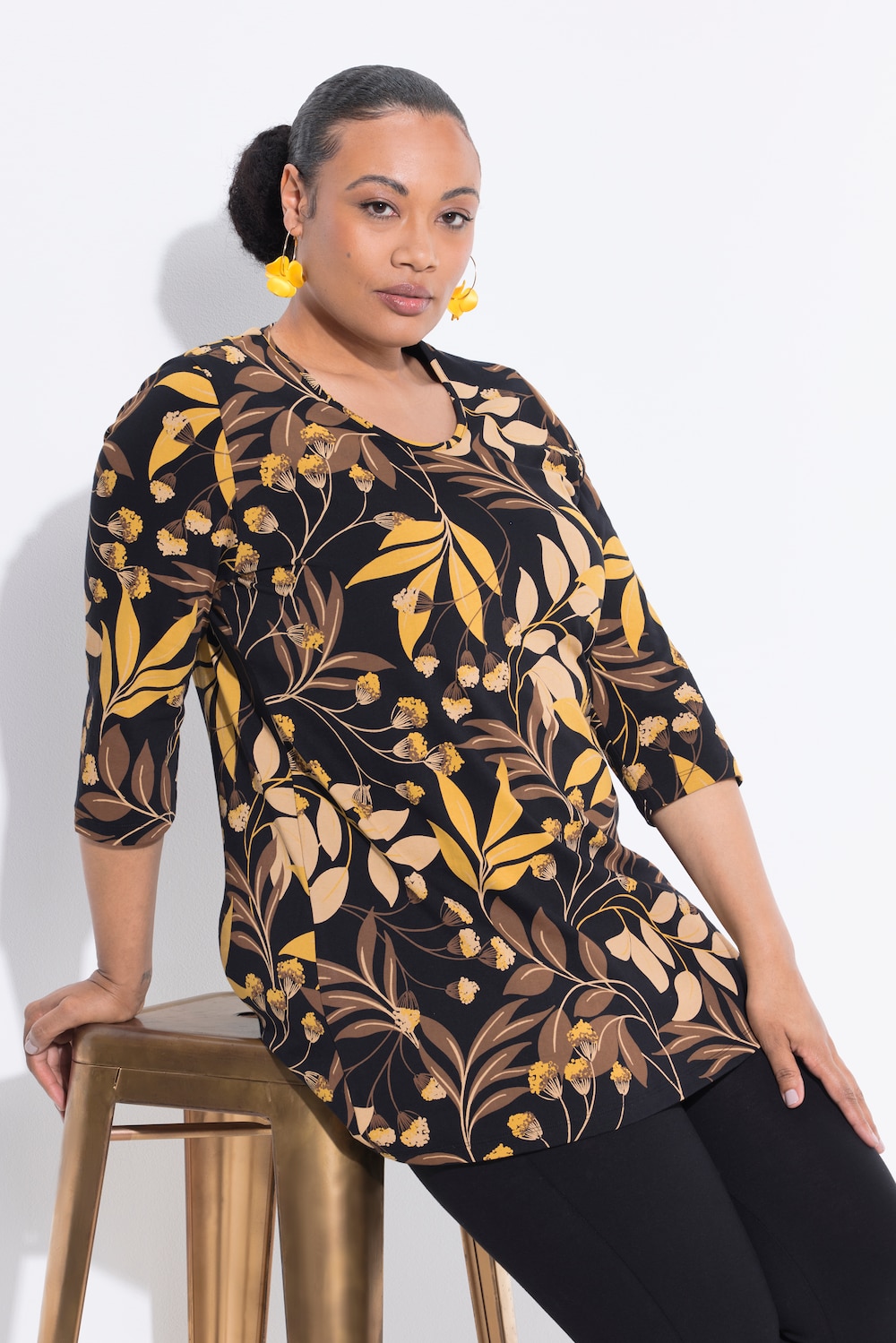 Longshirt, bloemen, A-lijn, ronde hals, 3/4-mouwen