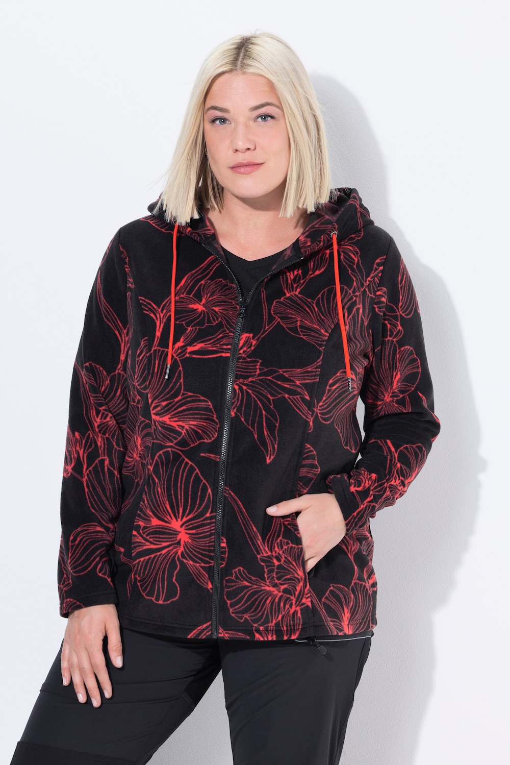 Fleece jas, bloemmotief, capuchon, lange mouw