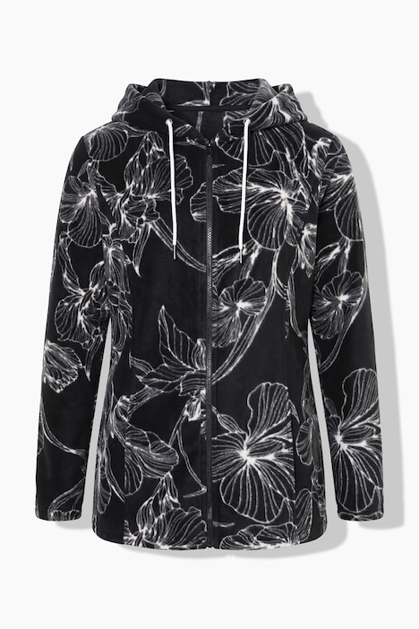 Fleece jas, bloemmotief, capuchon, lange mouw