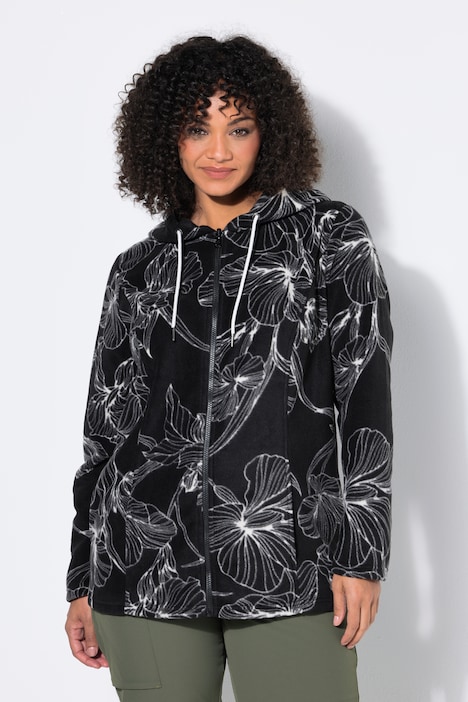 Fleece jas, bloemmotief, capuchon, lange mouw