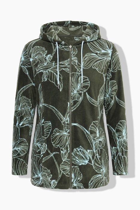 Fleece jas, bloemmotief, capuchon, lange mouw