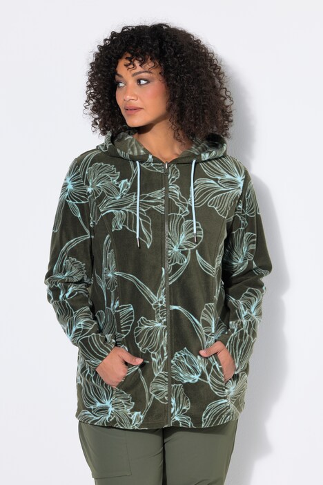 Fleece jas, bloemmotief, capuchon, lange mouw