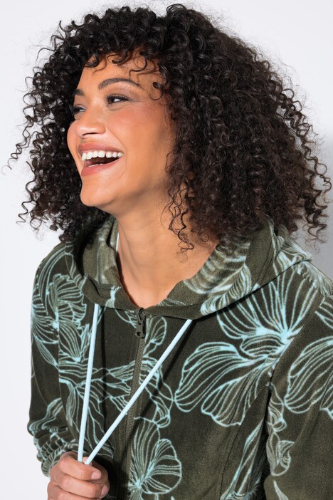 Fleece jas, bloemmotief, capuchon, lange mouw
