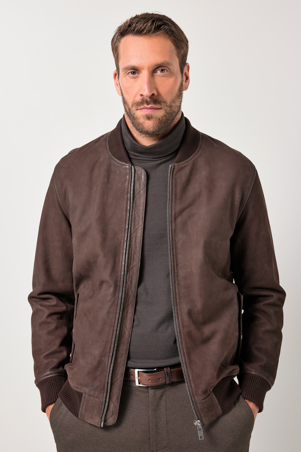 JP1880 kort læderjakke, læder - lammenubuck, collegekrave, op til 7XL