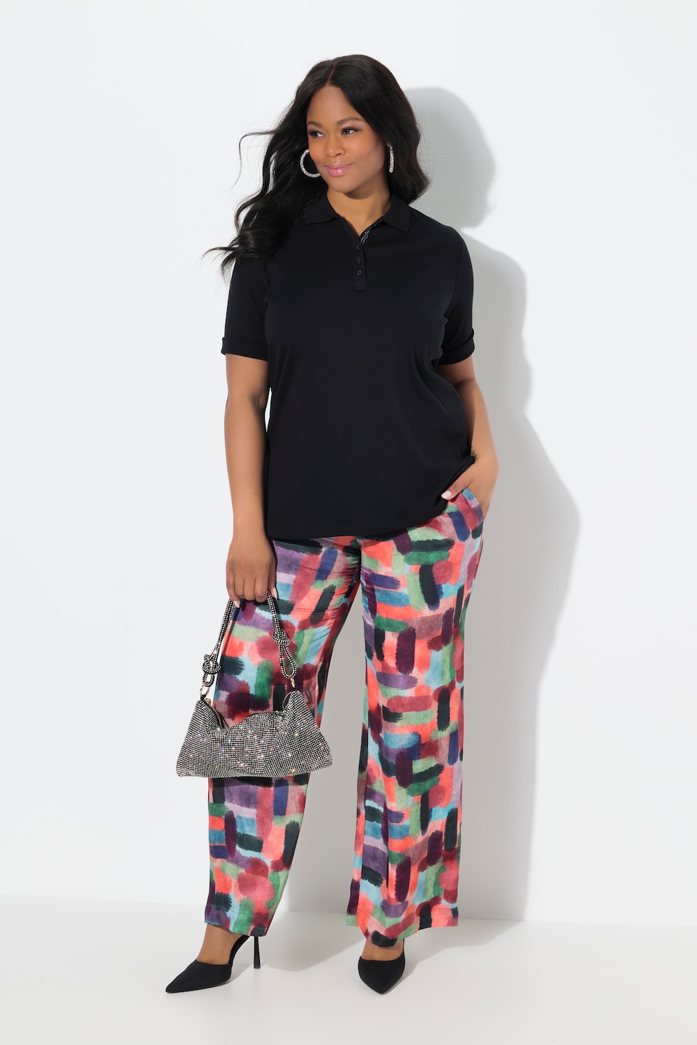 Satijnen broek, print, wijde pijp, elastische tailleband