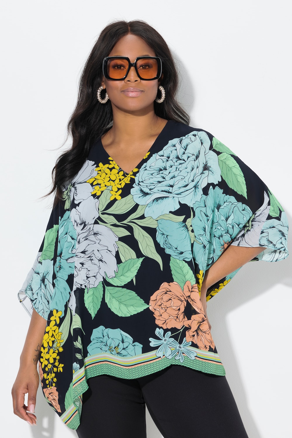 Chiffon blouse, bloemen, oversized, V-hals, korte mouw