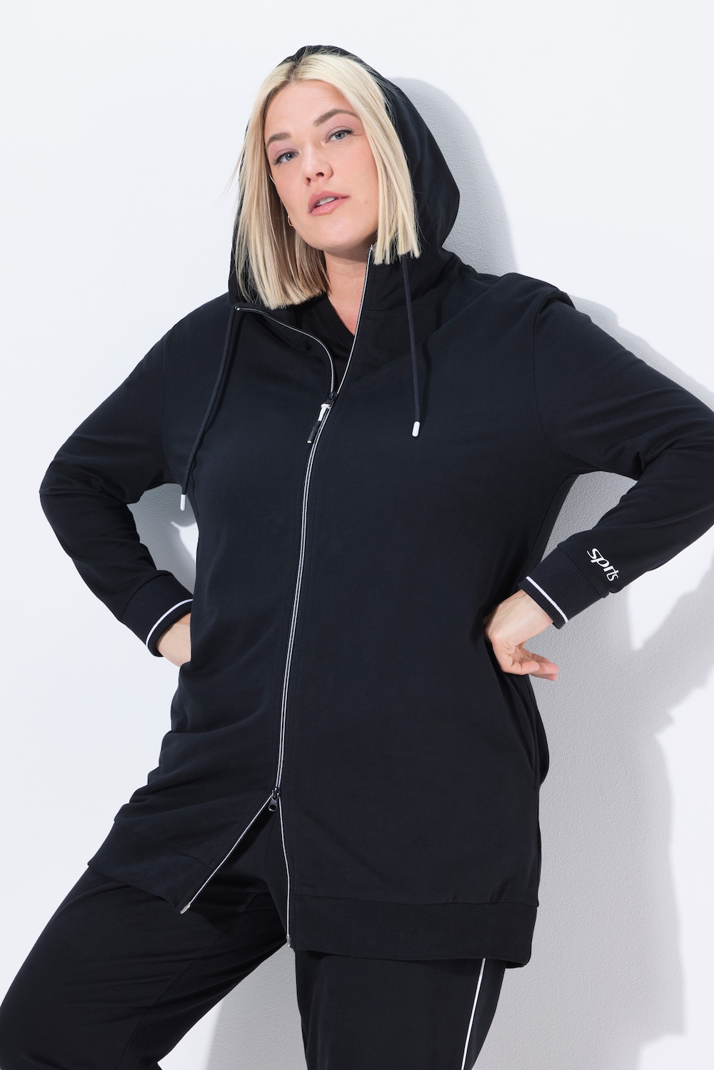 Sweatjakke, dekorativ paspel, oversized, hette, 2-veis glidelås