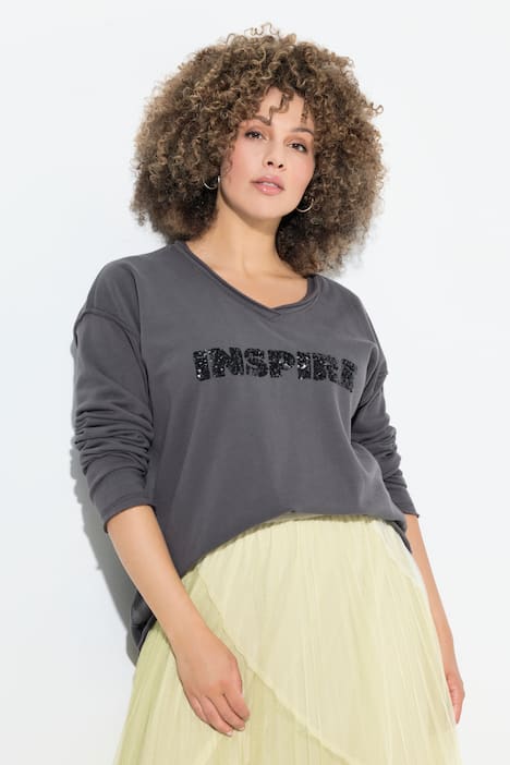 Sweat-shirt à encolure en V et manches longues, message imprimé avec paillettes