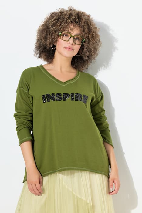 Sweat-shirt à encolure en V et manches longues, message imprimé avec paillettes