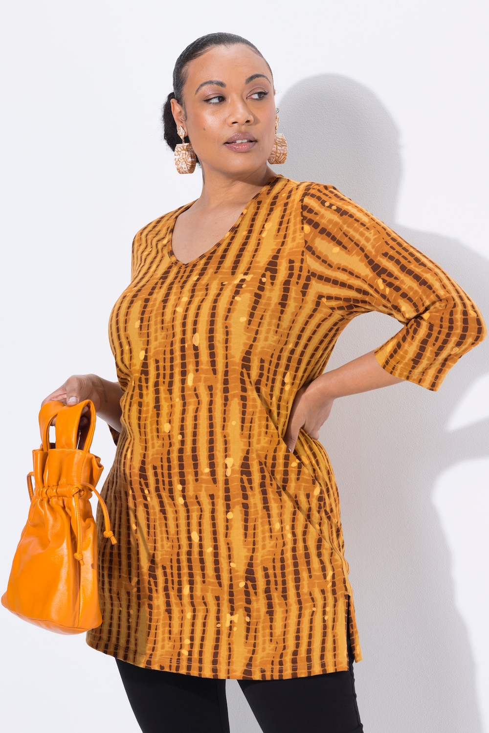 Longshirt, Batikmuster, A-Linie, V-Ausschnitt, 3/4-Arm