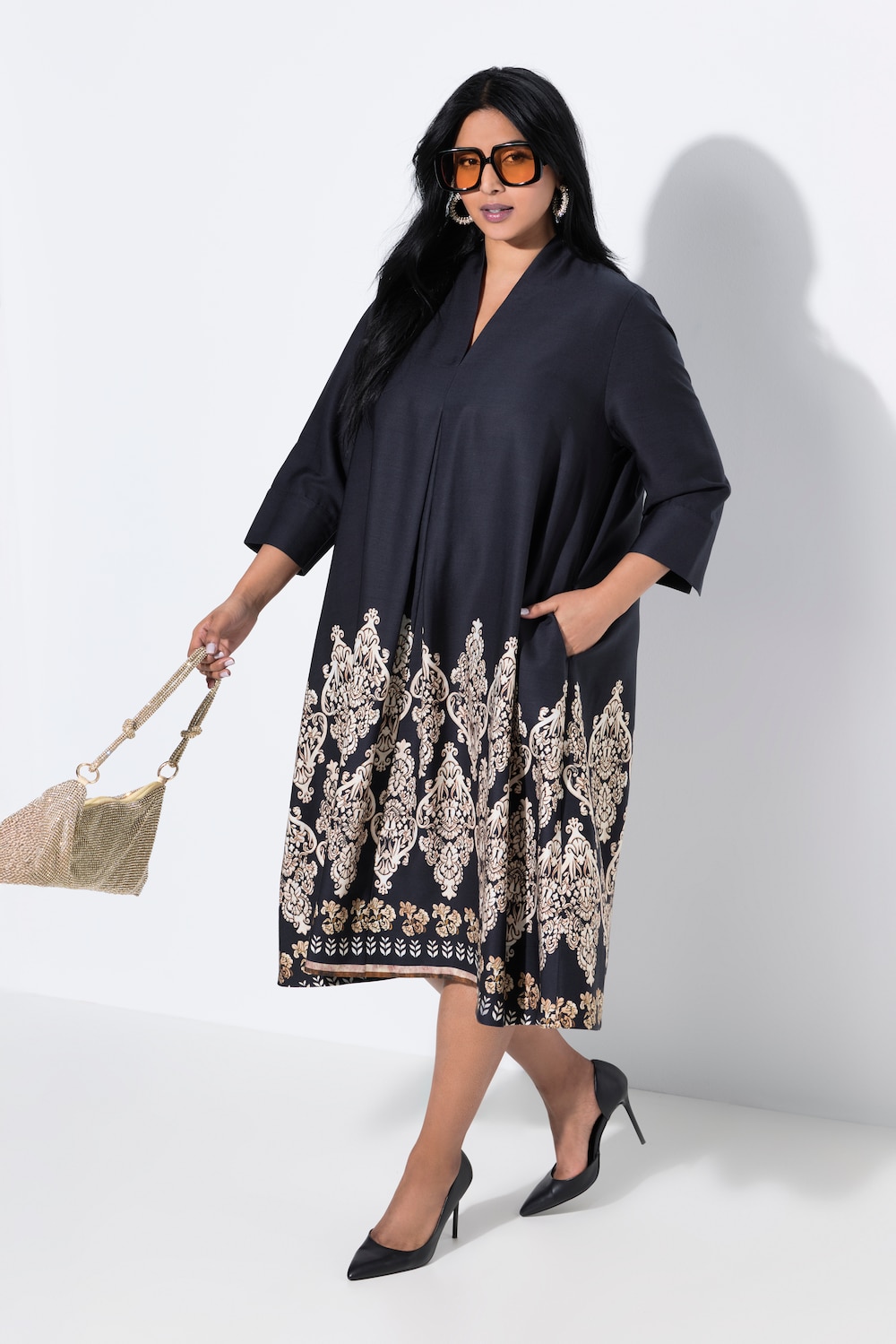 Lyocell-Midikleid, A-Linie, Kelchkragen, 3/4-Arm