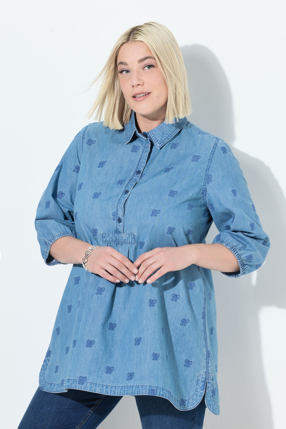 Bluse, Schleifen-Stickerei, Hemdkragen, 3/4-Arm