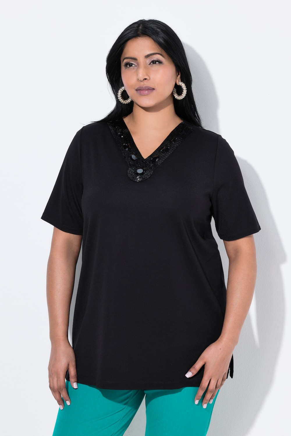 Große Größen T-Shirt, Damen, schwarz, Größe: 50/52, Viskose/Synthetische Fasern/Elasthan, Ulla Popken