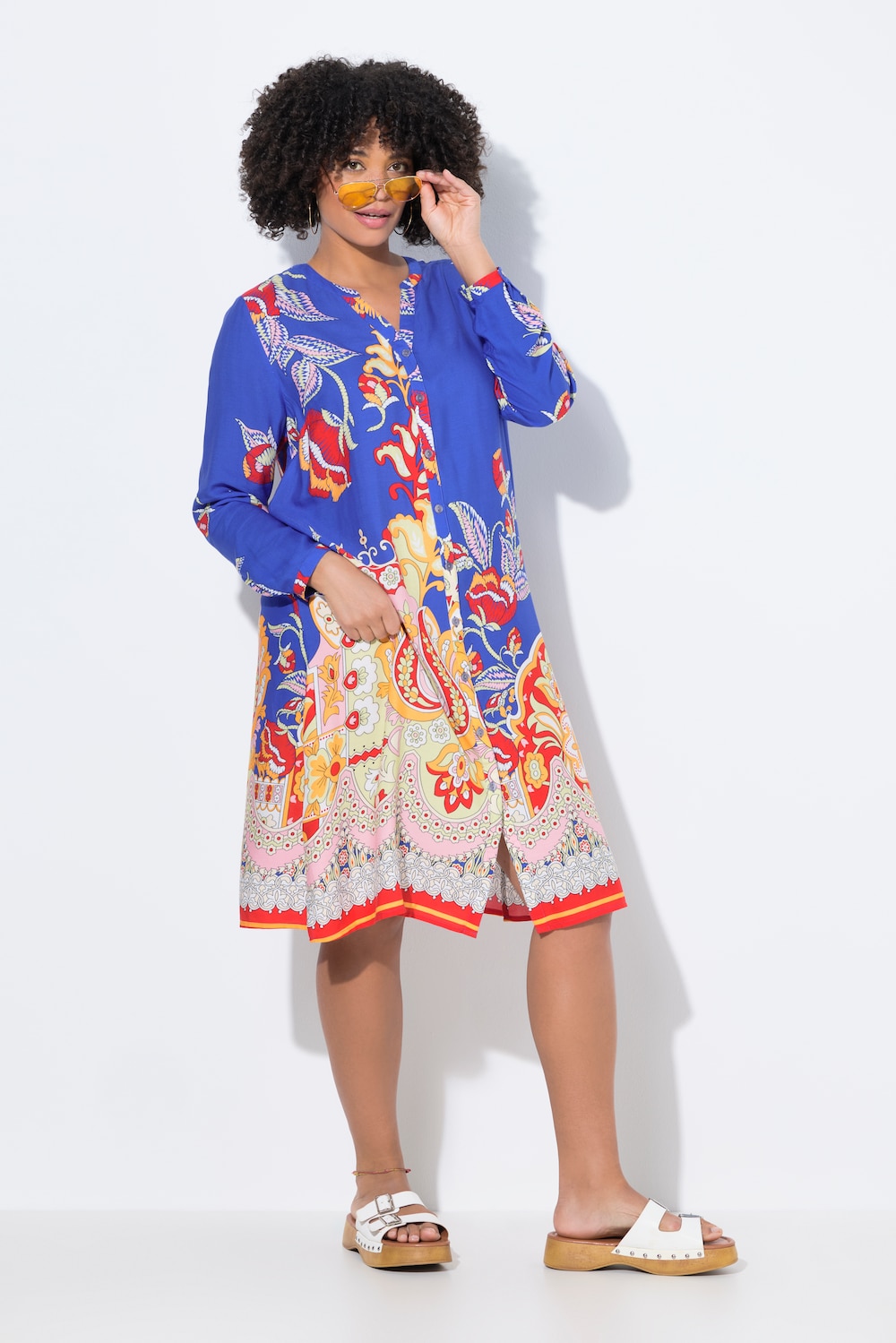 Midi-jurk, all-over motief, lange mouw