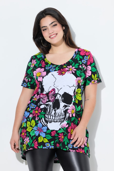 T-Shirt, Totenkopf und Blumen, Halbarm