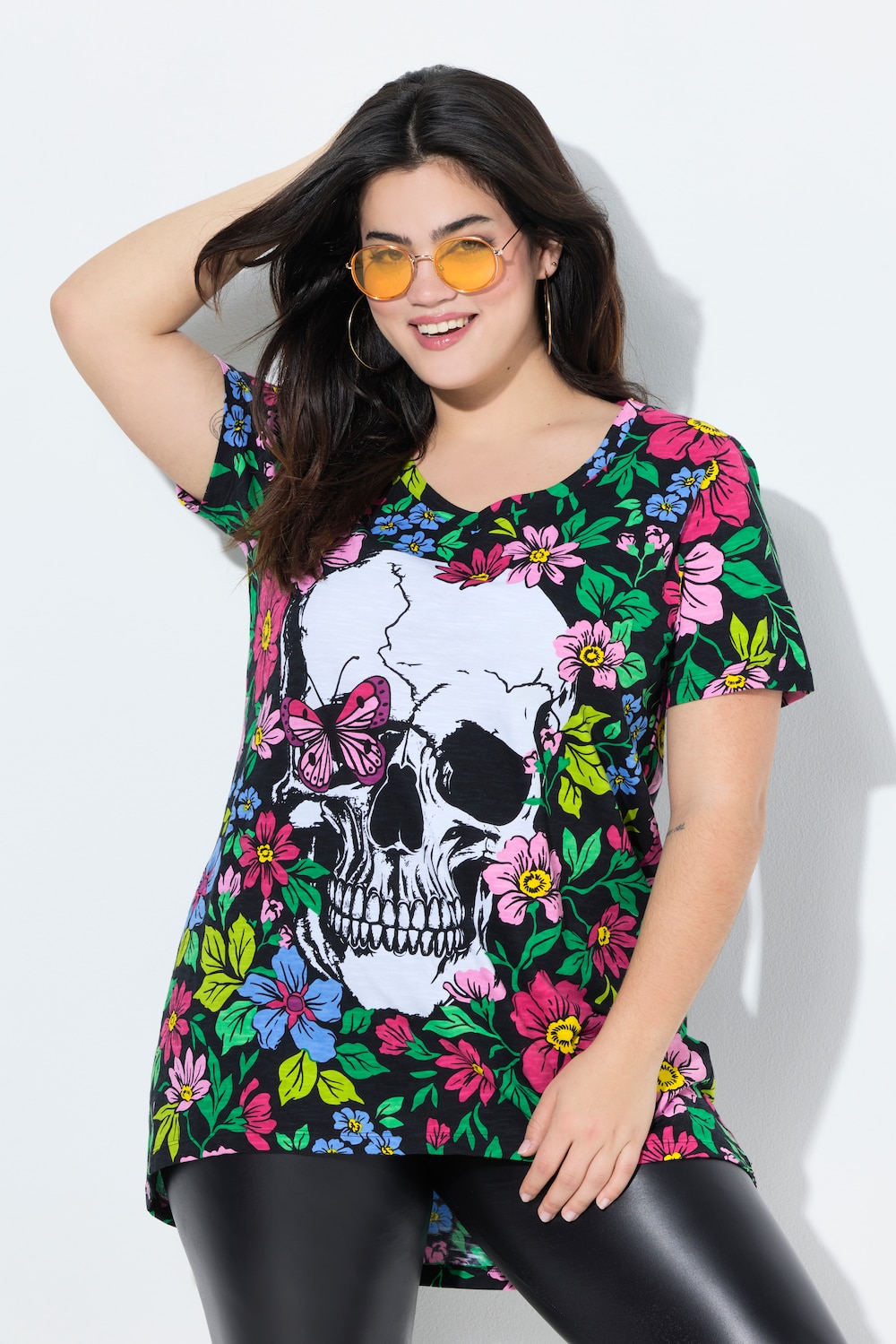 T-Shirt, Totenkopf und Blumen, Halbarm
