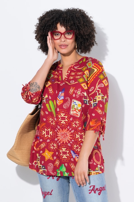 Blusa, forma en A, estampado del Oeste, manga 3/4