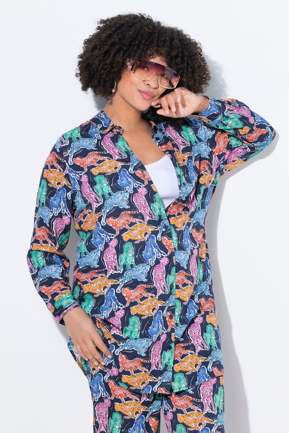 Blouse, straight fit, kleurig tijgermotief, lange mouw