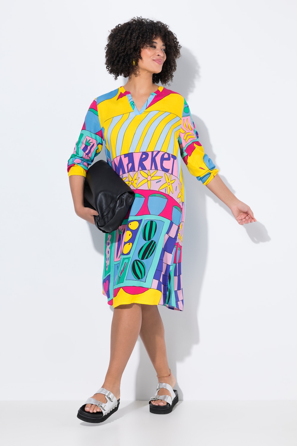 Midi-jurk, A-lijn, all-over motief, lange mouw